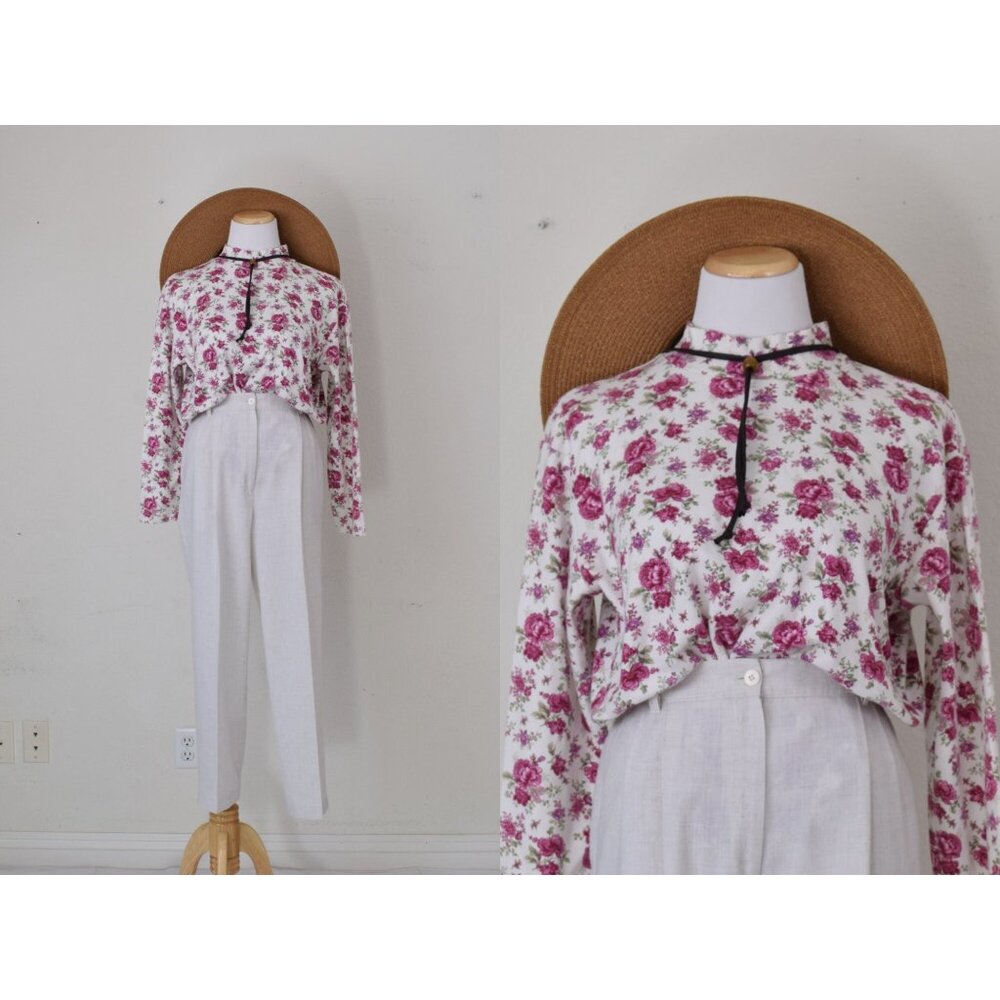 Vintage 90s Floral‎ Turtle Neck Cotton shirt | size M